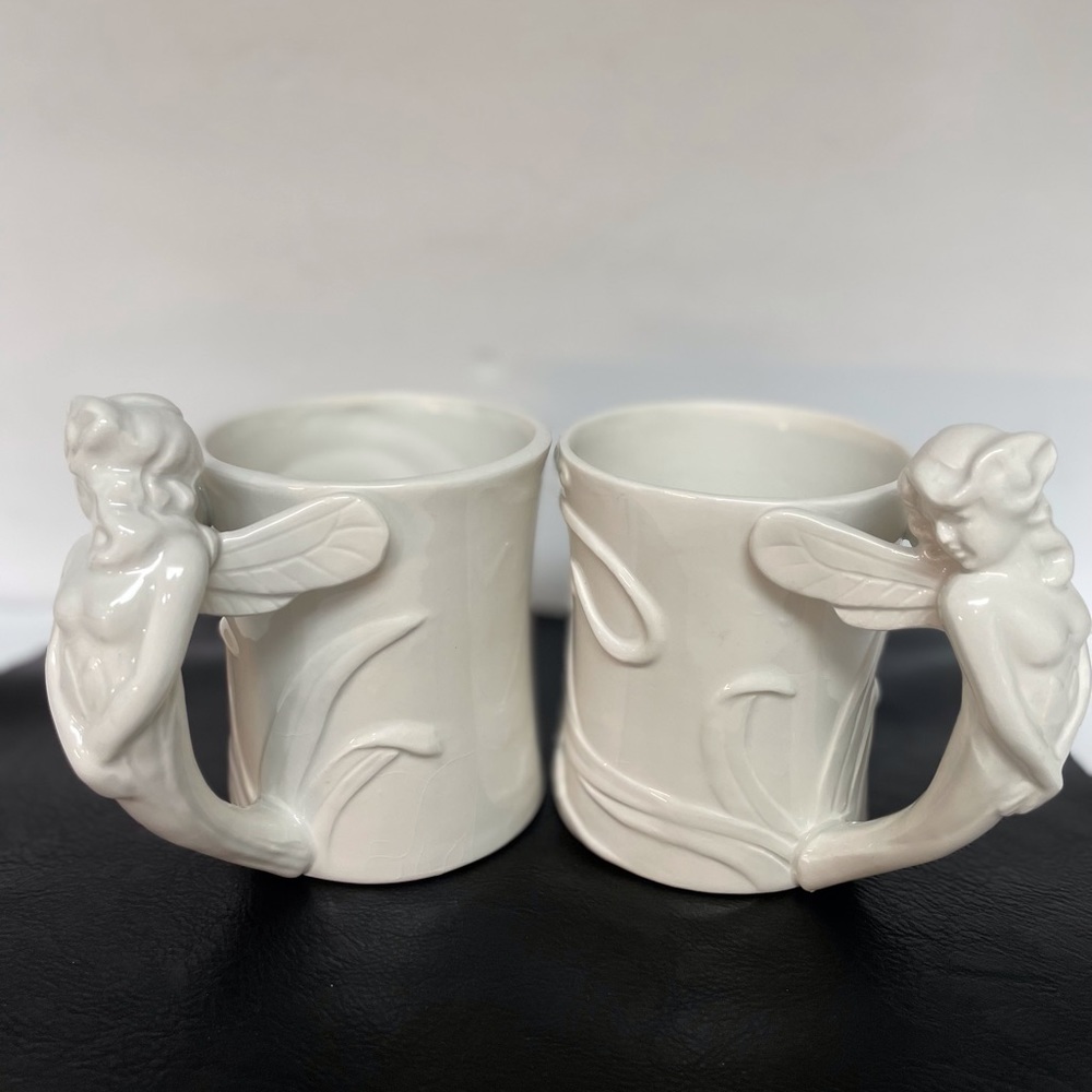 Set of tow Vintage Fitz & Floyd Mugs White Porcelain Fairy Handles Art Nouveau